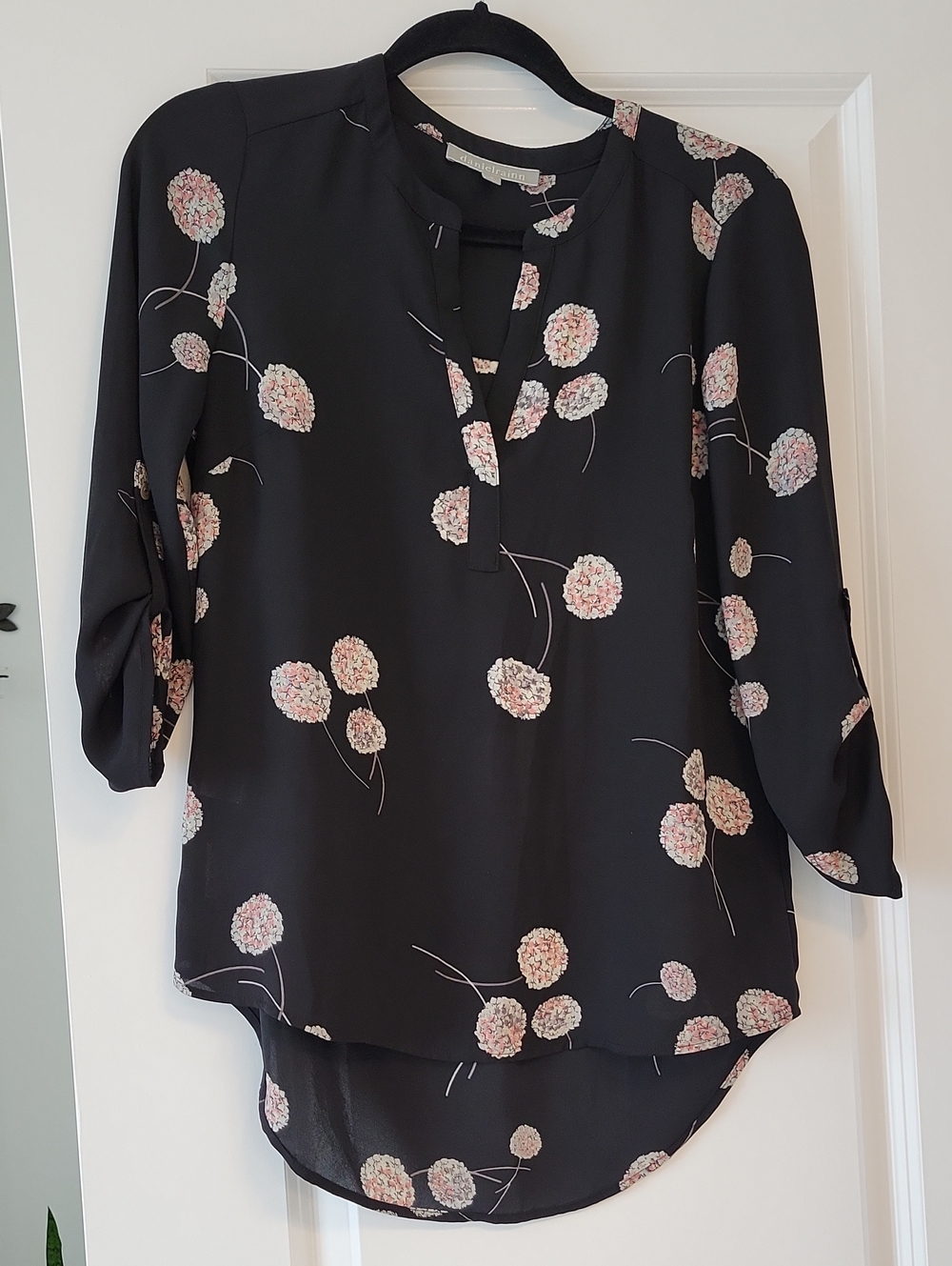 Daniel Rainn Black Tunic Blouse with Pink Floral Print